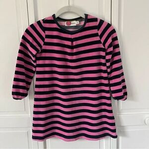 Mini Boden Girls Long Sleeve Velour Dress Pink and Navy Blue Striped Size 5-6
